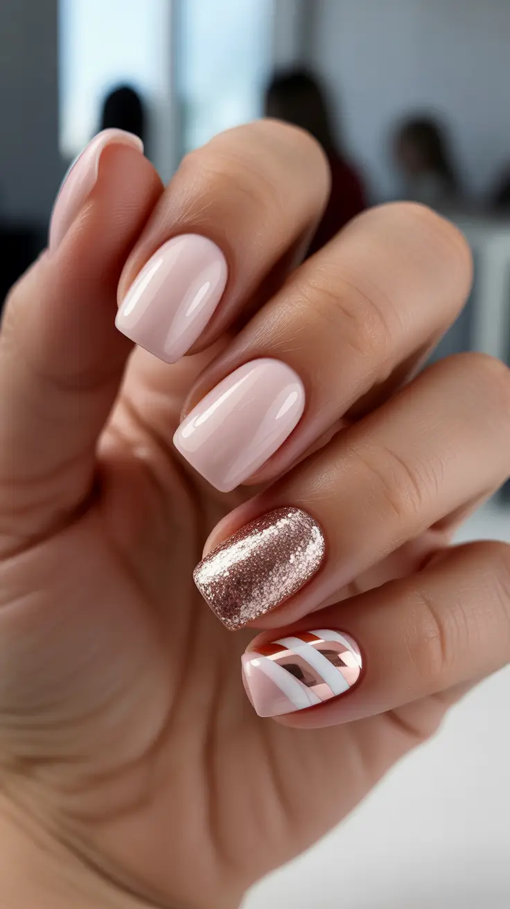 short winter nails ideas - Blush Nude With Rose-Gold Sparkle And Candy Stripes