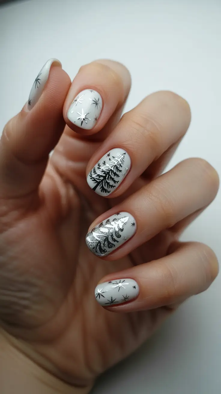 short winter nails ideas Winter White With Silver Stars and Evergreens