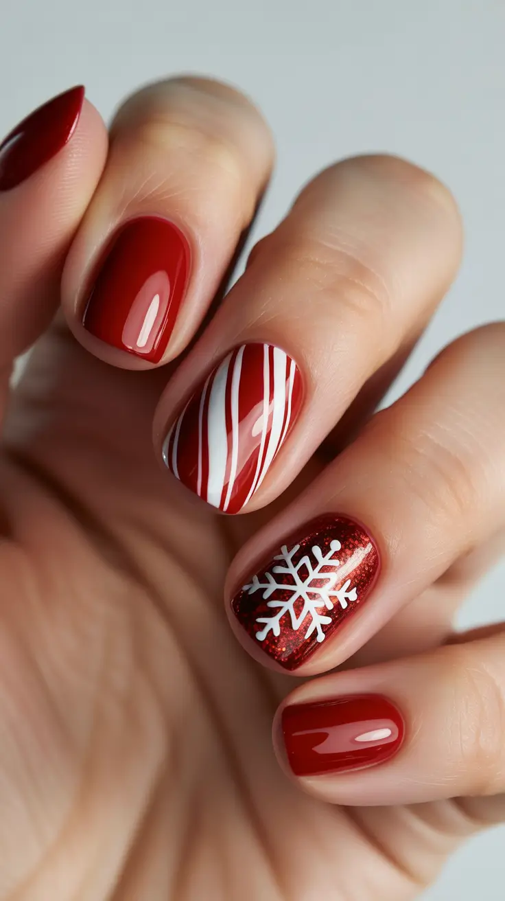 short winter nails ideas Modern Peppermint: Stripes + Snowflake Duo