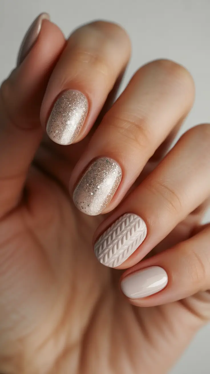 short winter nails ideas - Cozy Champagne Shimmer With Knit Accent