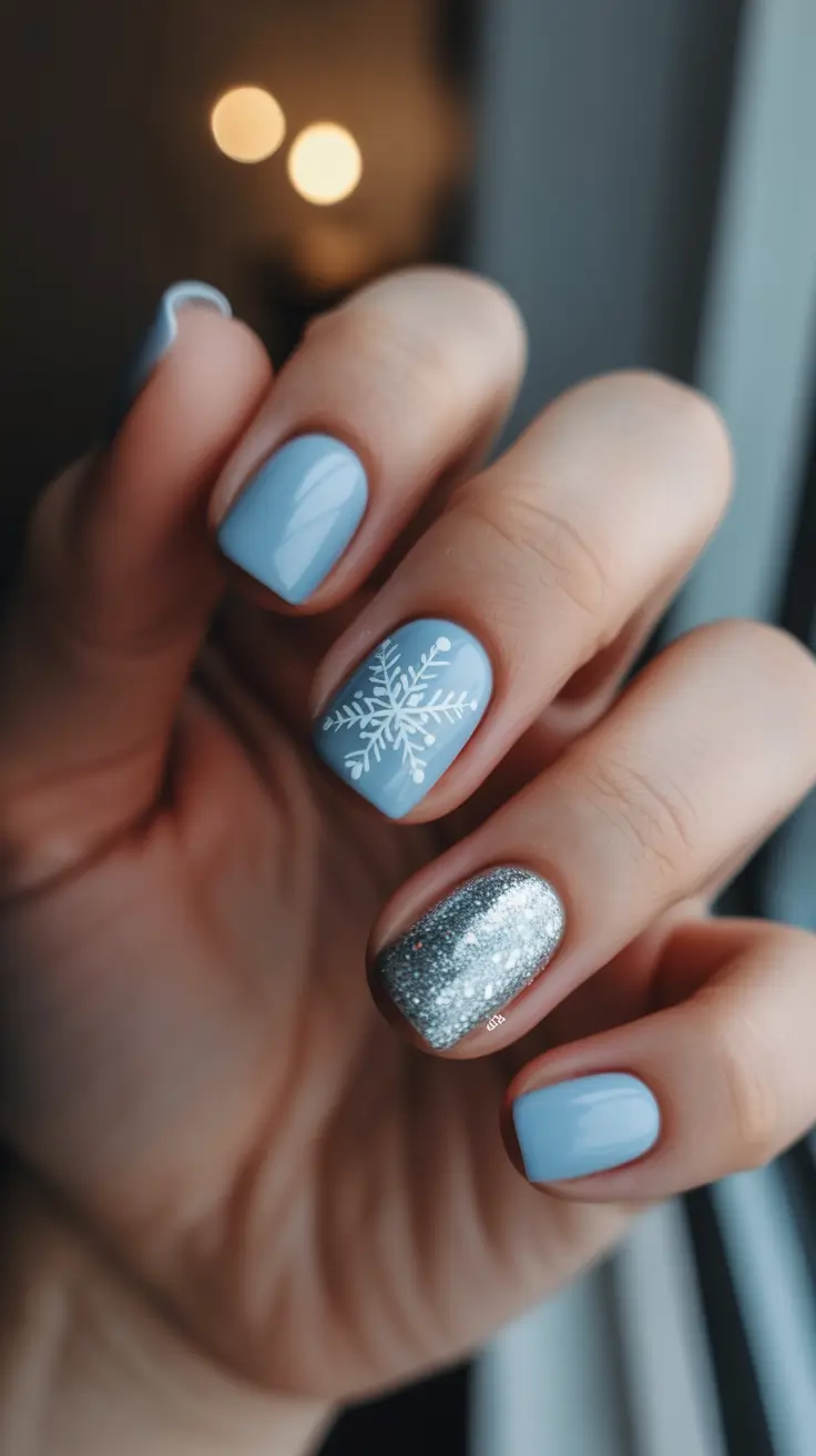 short winter nails ideas - Frosty Blue Snowflake With Silver Accent
