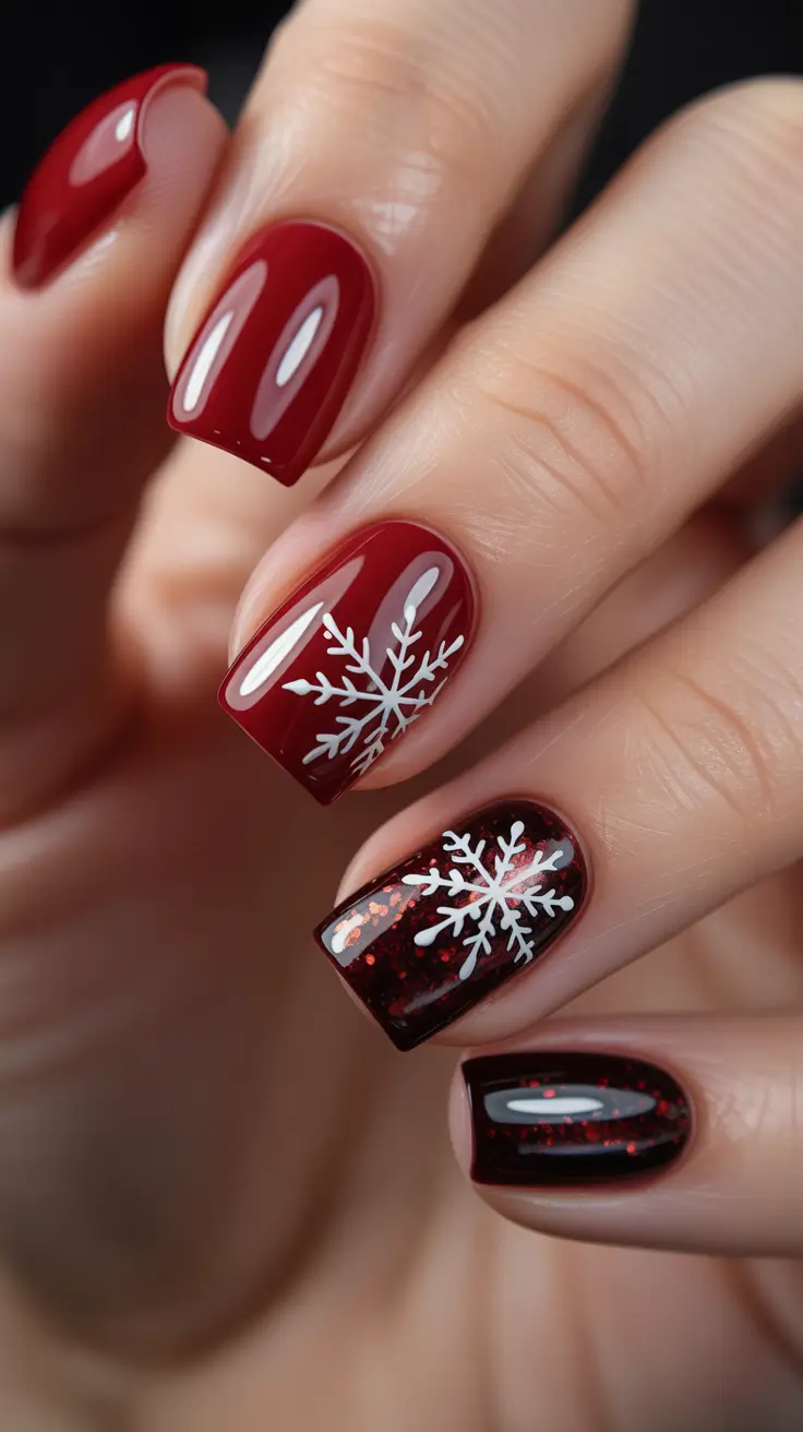 short winter nails ideas - Cranberry Snowflakes On Glossy Short Squares