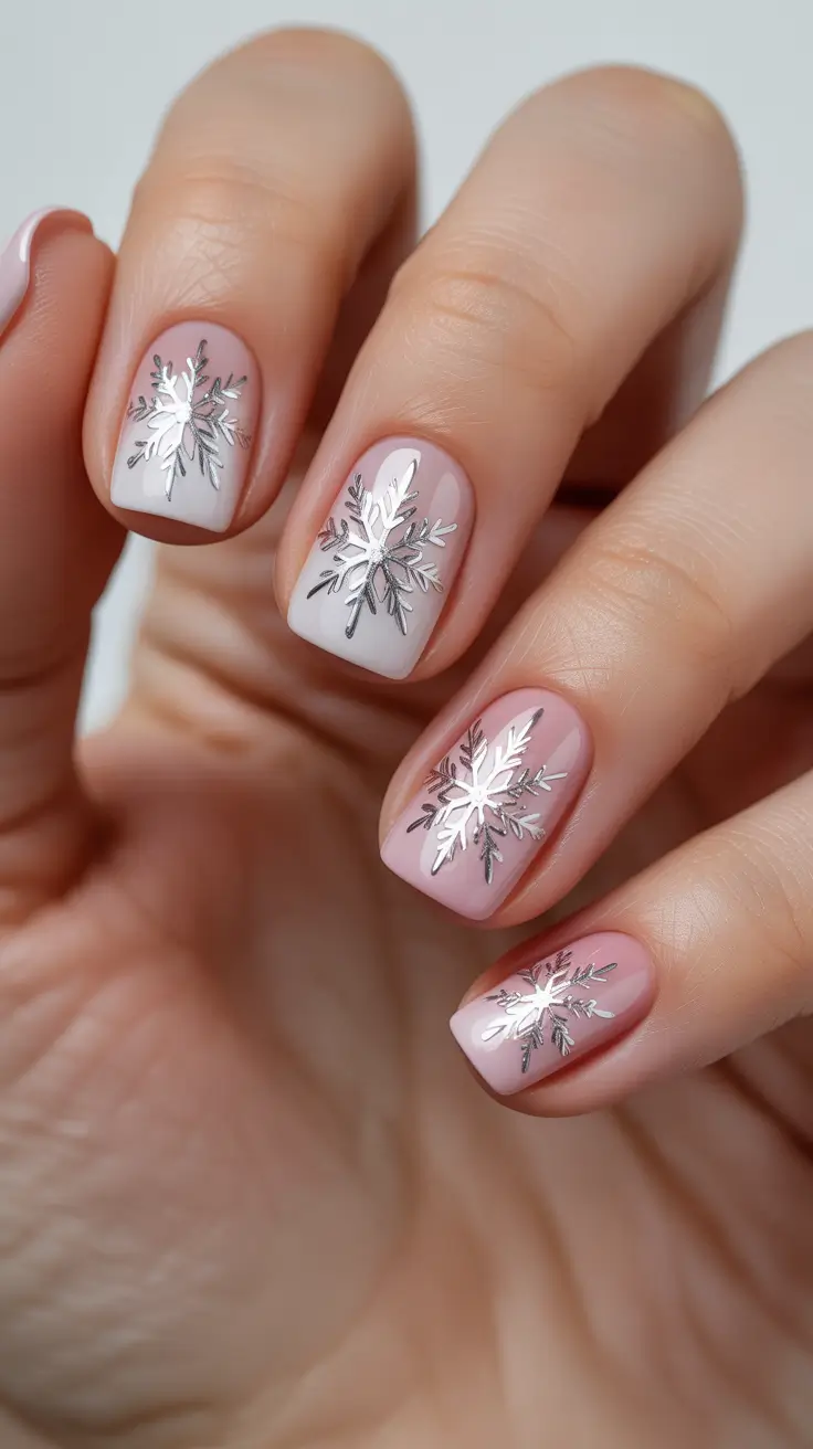 short winter nails ideas - Rose Milk Sheer With Chrome Snowflakes
