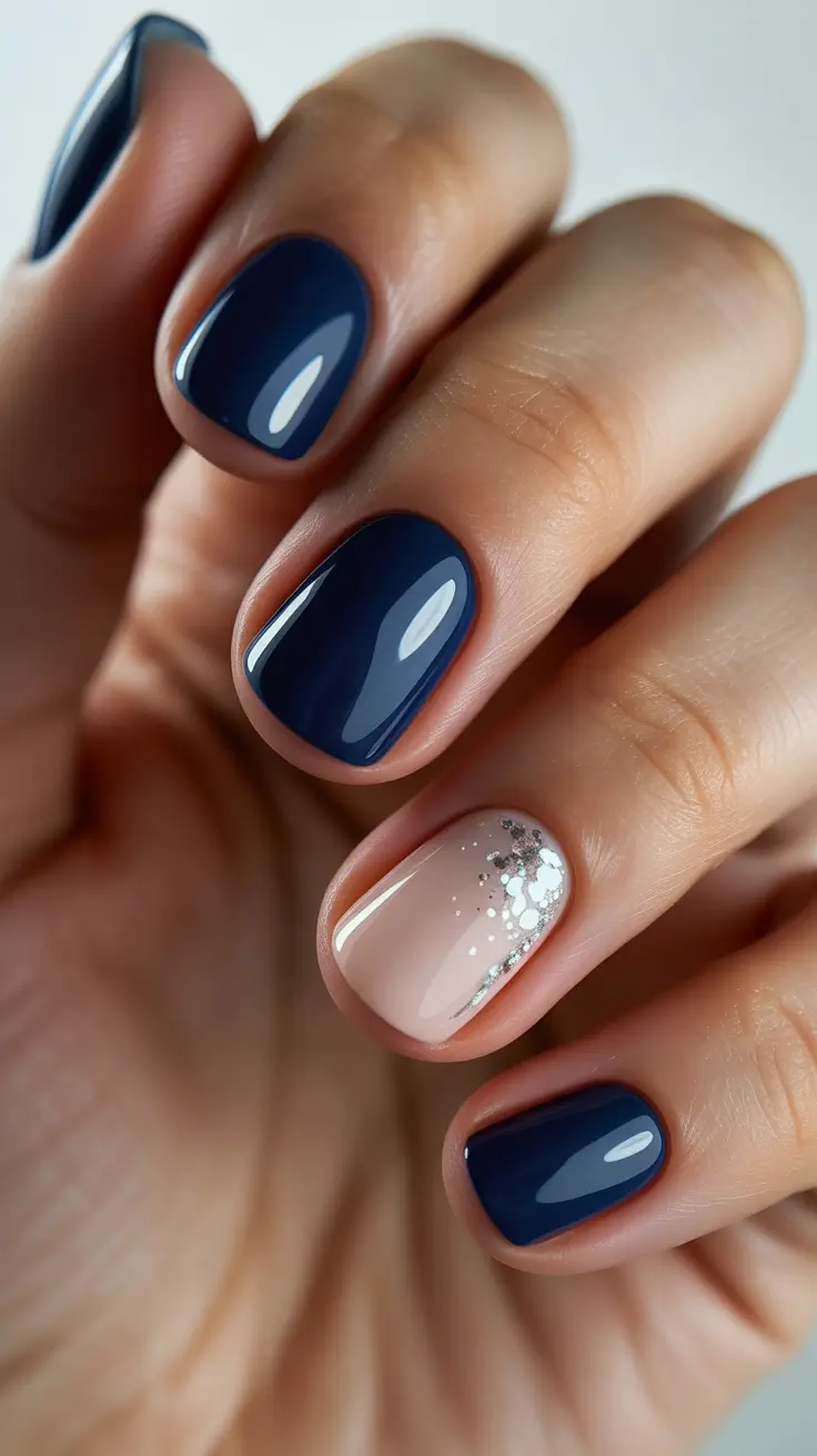 simple winter nails - Navy Glow With Soft Sparkle Accent