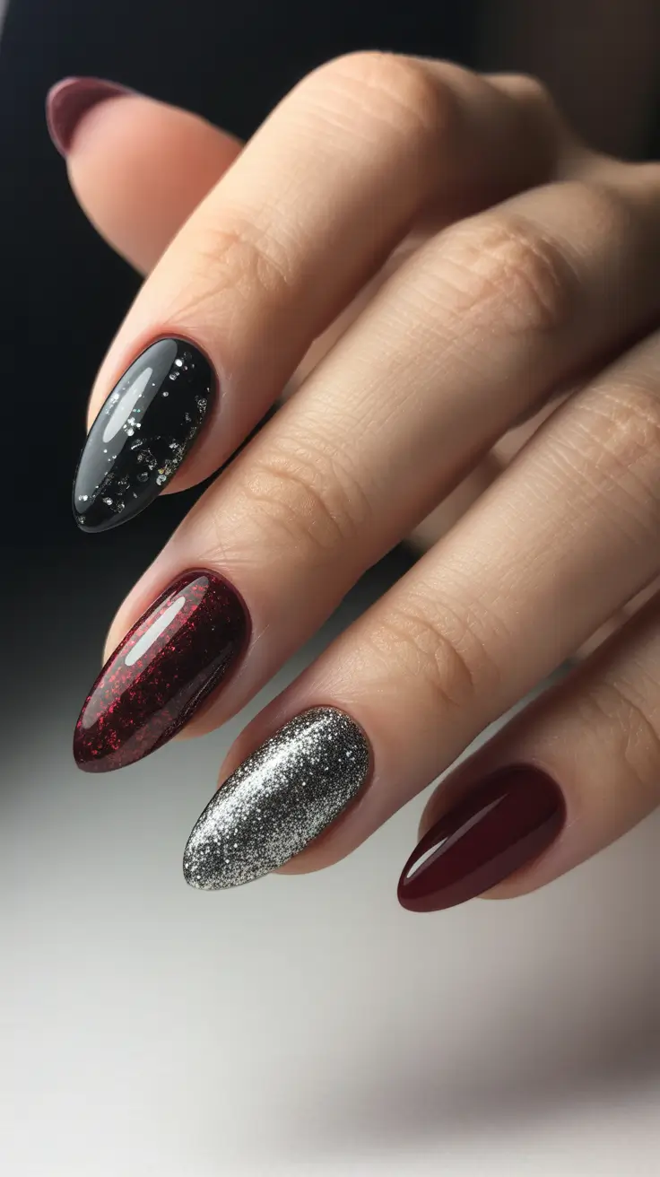 simple winter nails - Merlot, Onyx, and Star-Silver Mix