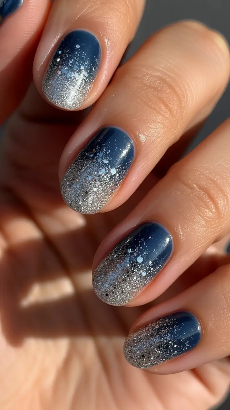 simple winter nails - Nightfall Ombre - Navy To Silver Snowfall