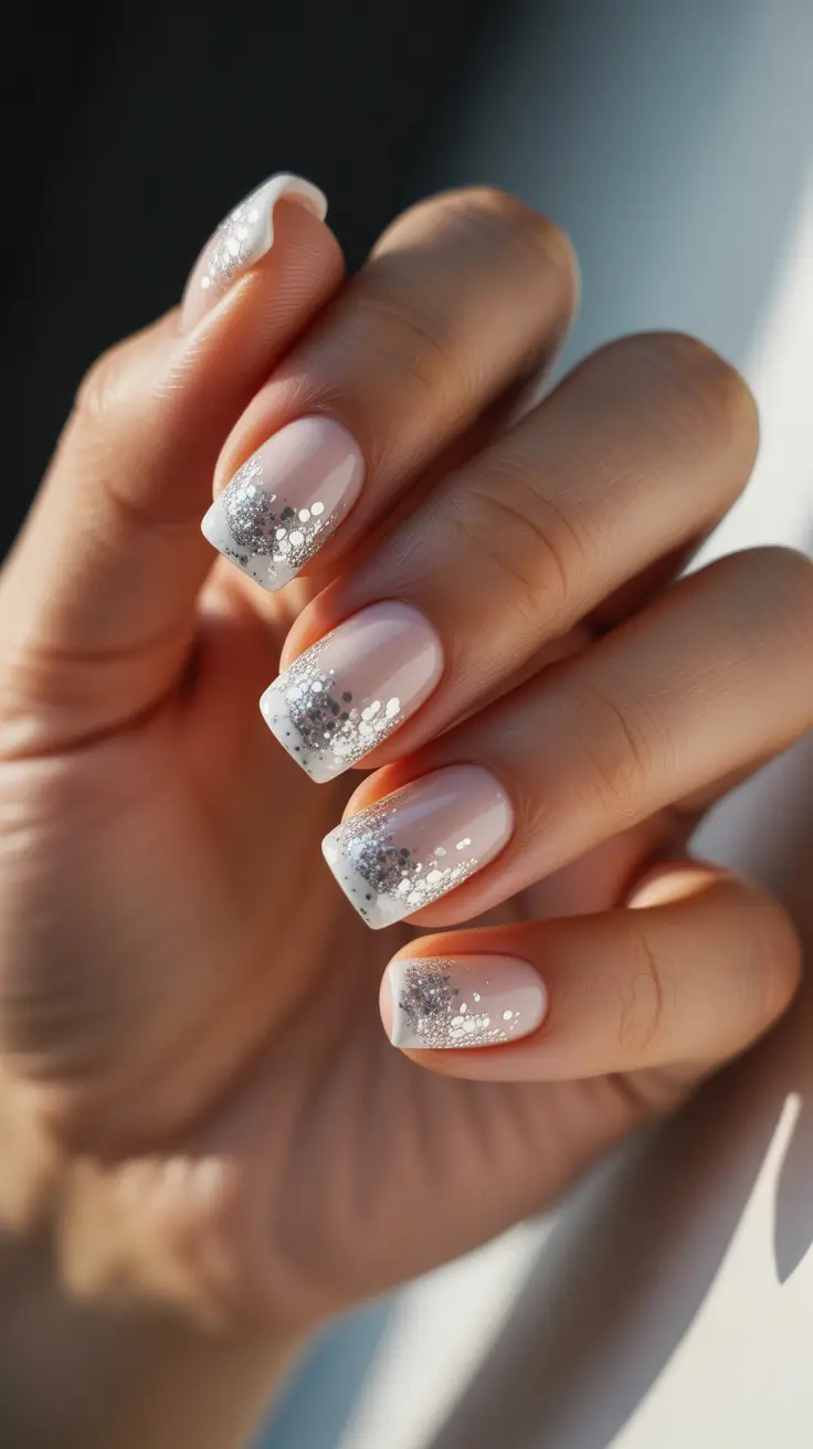 simple winter nails - Frosted French - Soft Square With Sparkling Tips