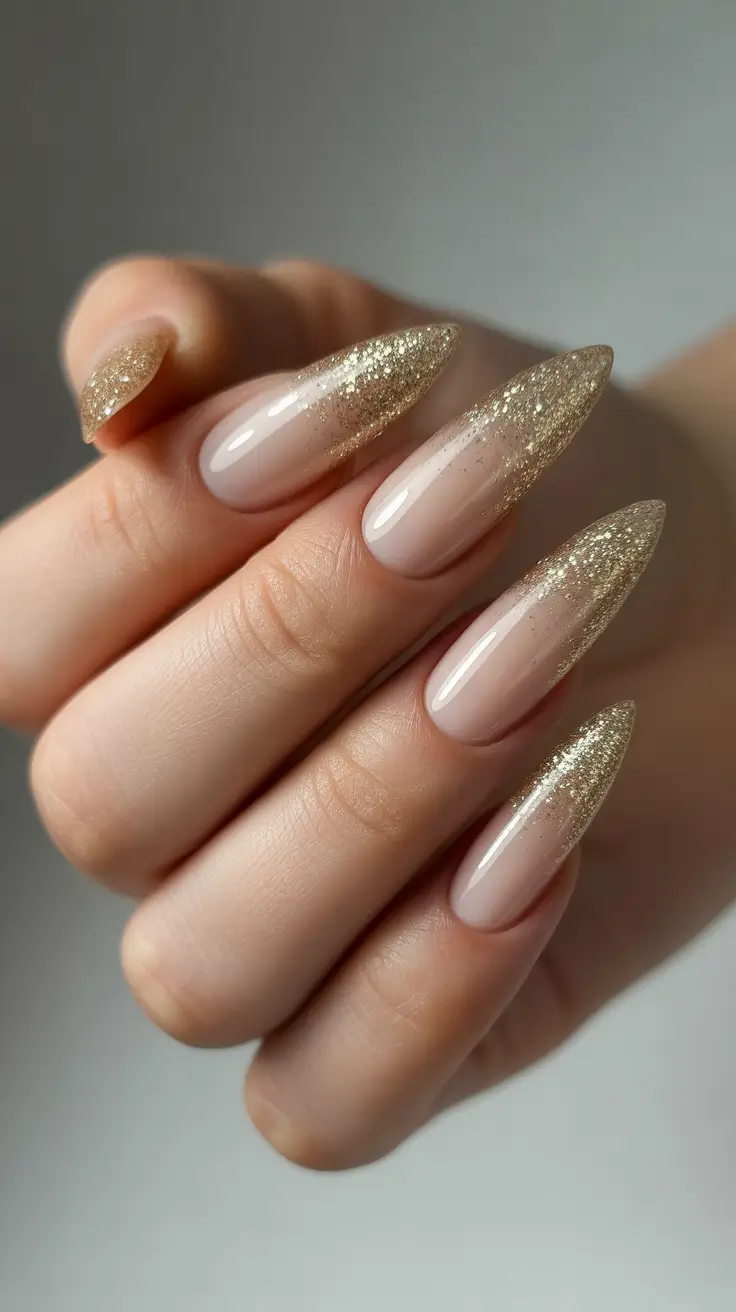 simple winter nails - Champagne Drip - Long Almond With Gold Mist