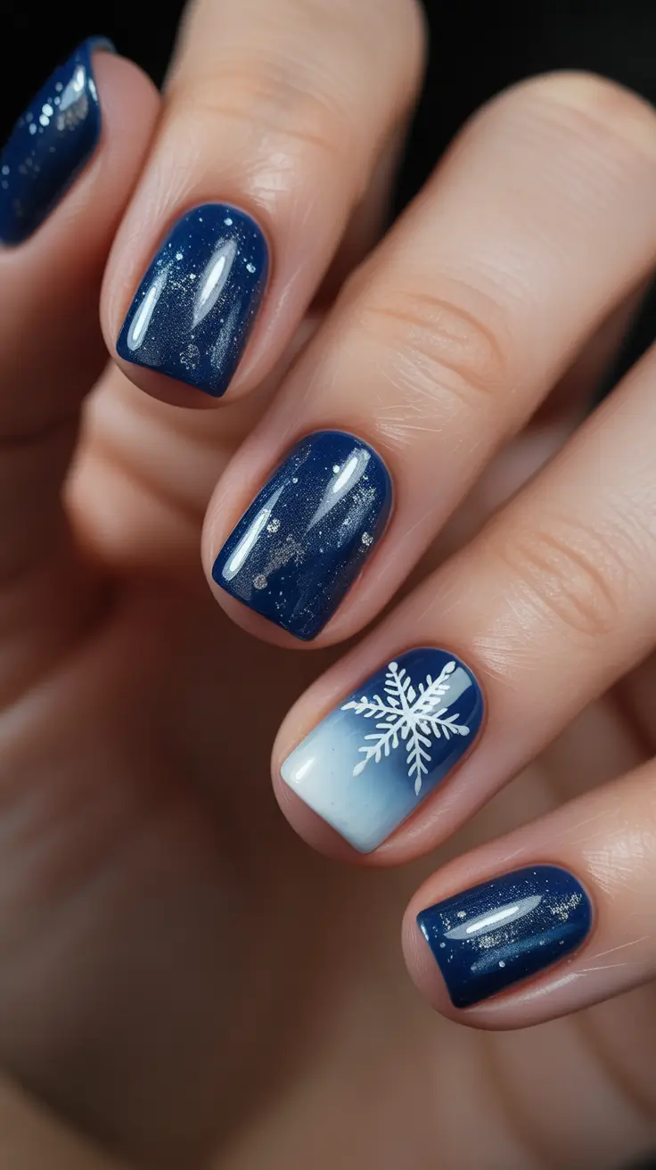 simple winter nails - Midnight Snowflake With Soft Ombre Accent