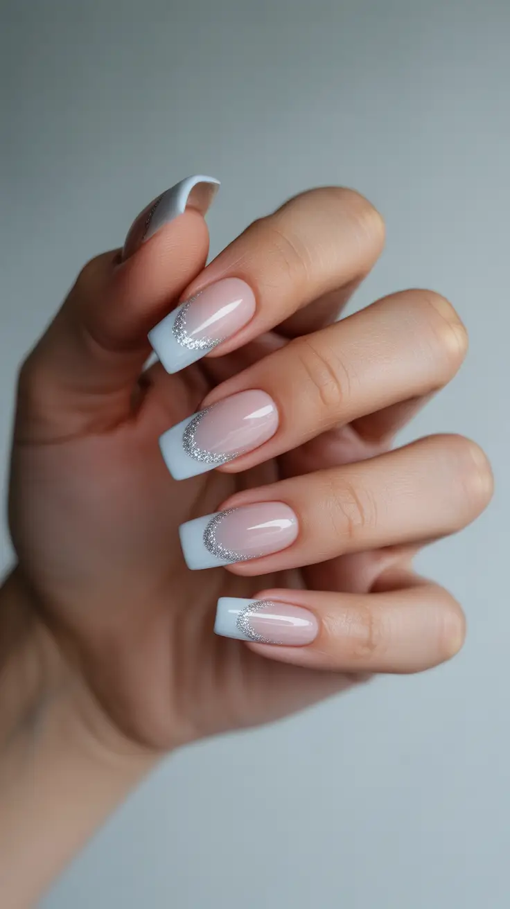simple winter nails - Frost-Tipped Square French With Glitter Swoosh