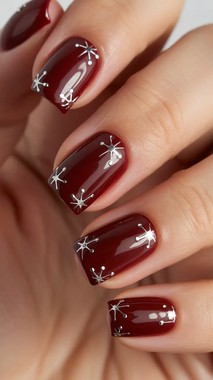 simple winter nails - Burgundy With Tiny Sterling Starbursts
