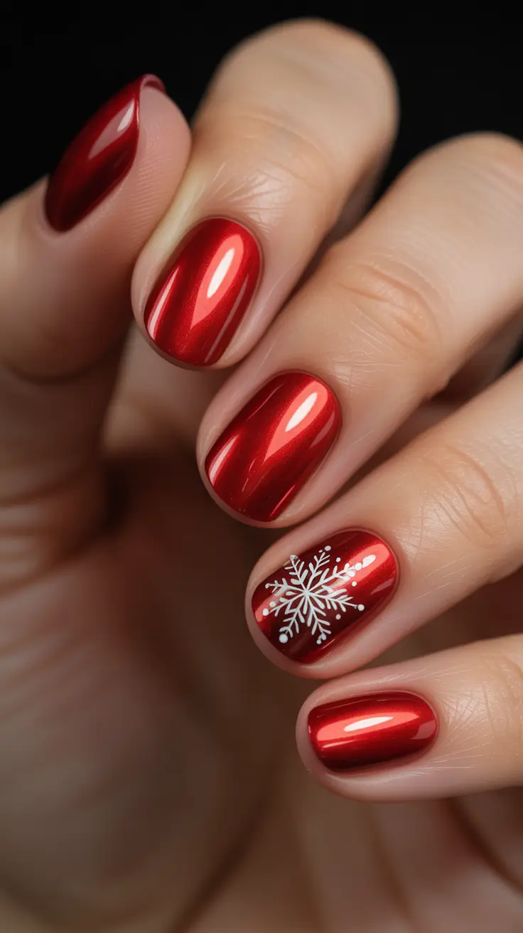 simple winter nails - Candy-Apple Red With Single Snowflake Accent