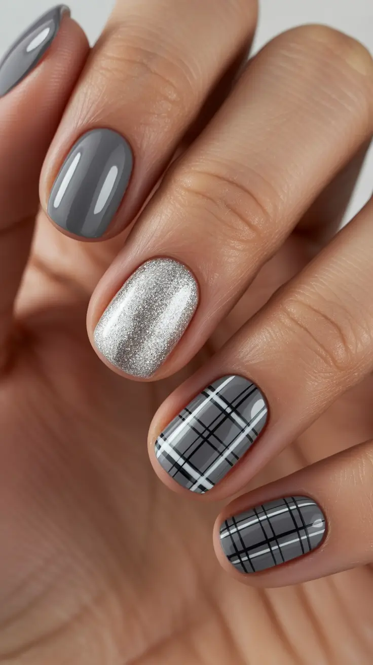 simple winter nails - Urban Plaid With Silver Pop