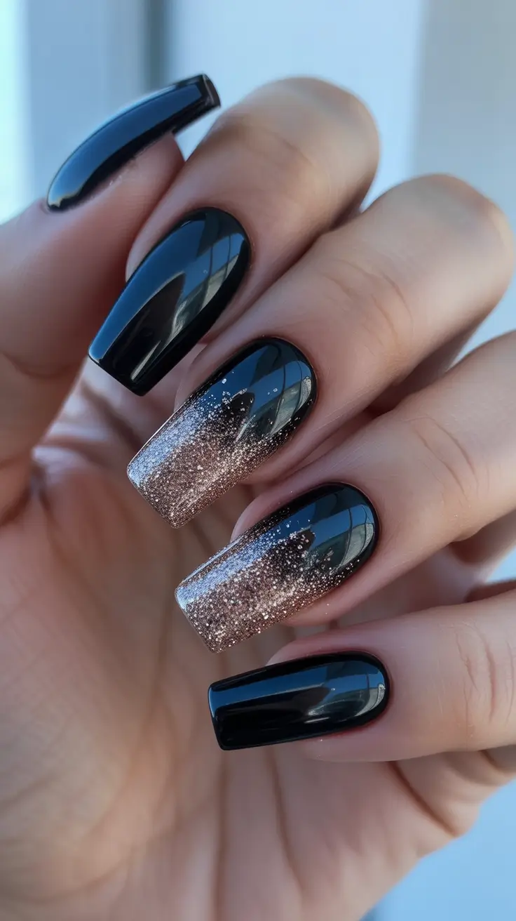 simple winter nails - Molten Black With Champagne Snowfall