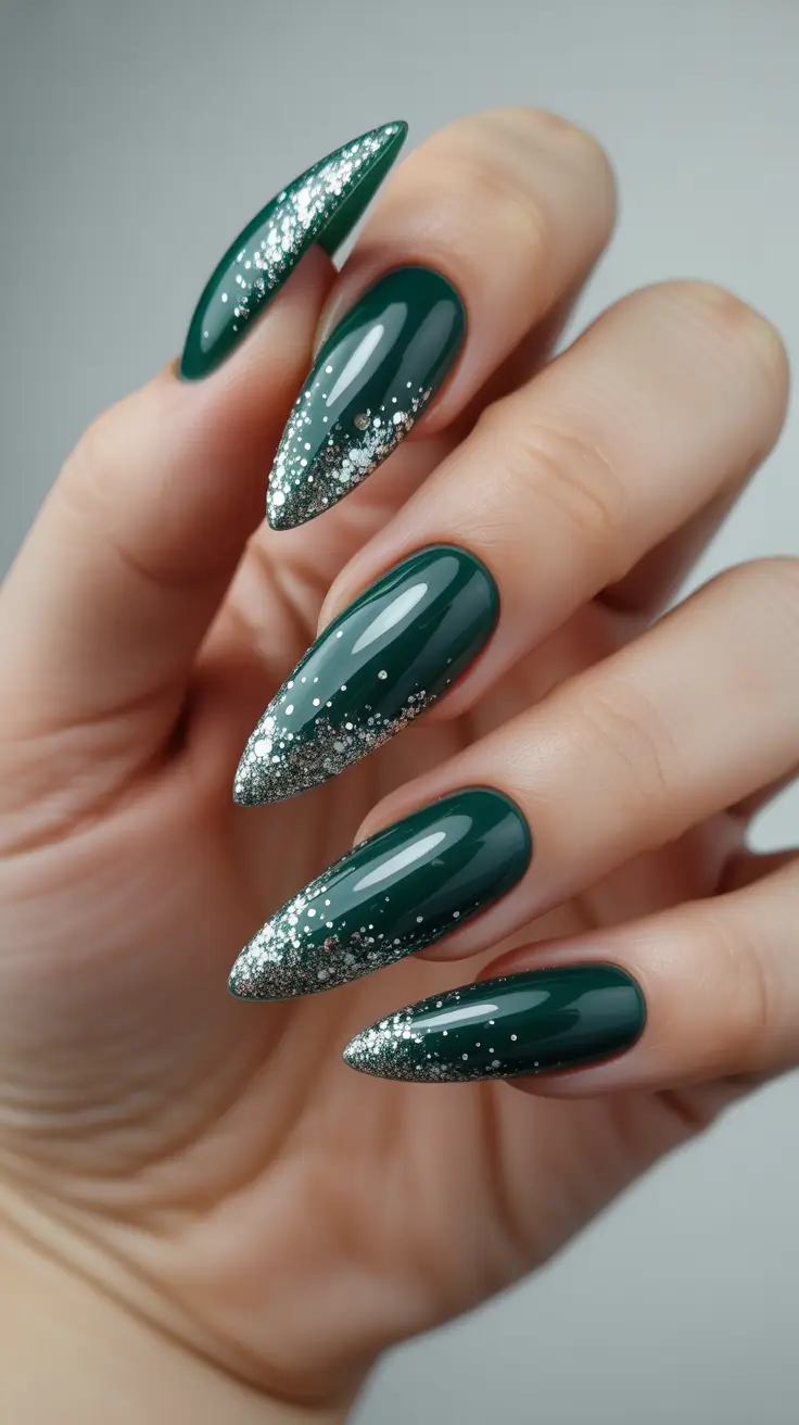 simple winter nails - Evergreen Almond With Silver Drift