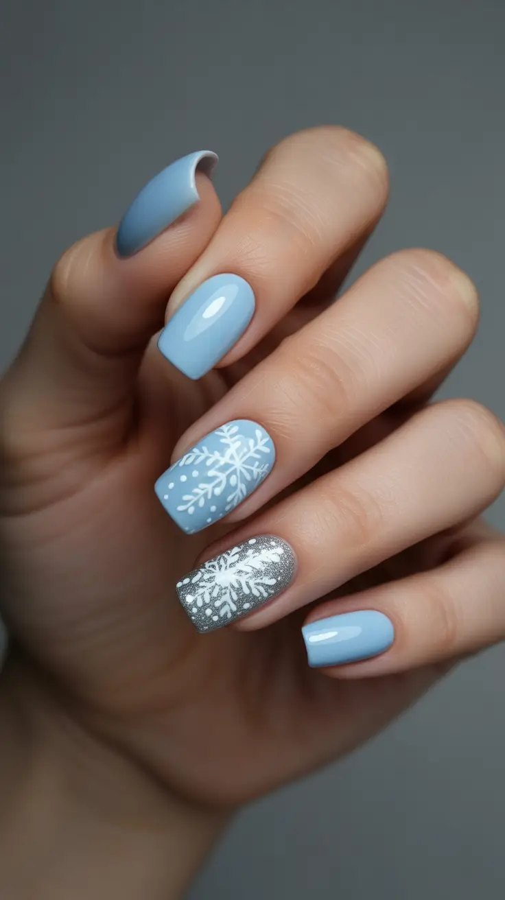 winter acrylic nails ideas - Ice Blue Shorties With Sparkle Pop