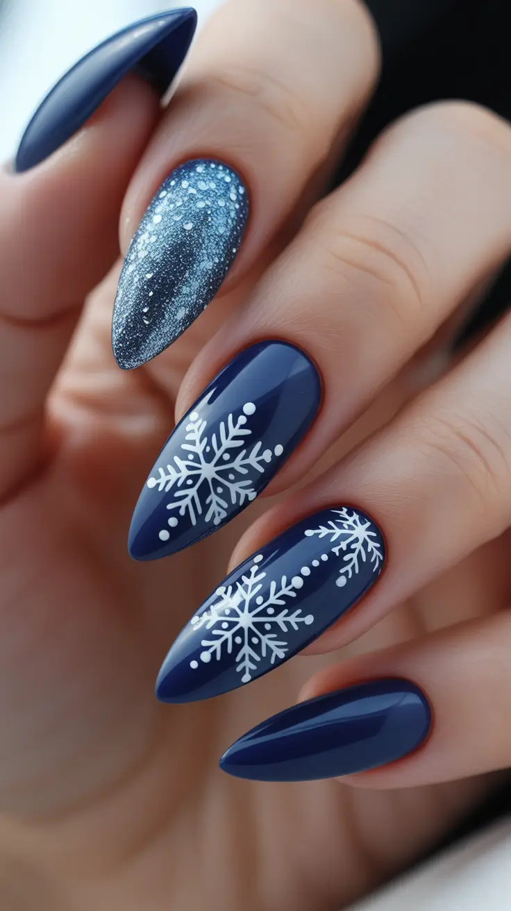 winter acrylic nails ideas - Nordic Nightfall Snowflakes