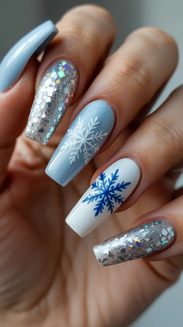 winter acrylic nails ideas - Icy Blue Mix With Silver Hologlaze