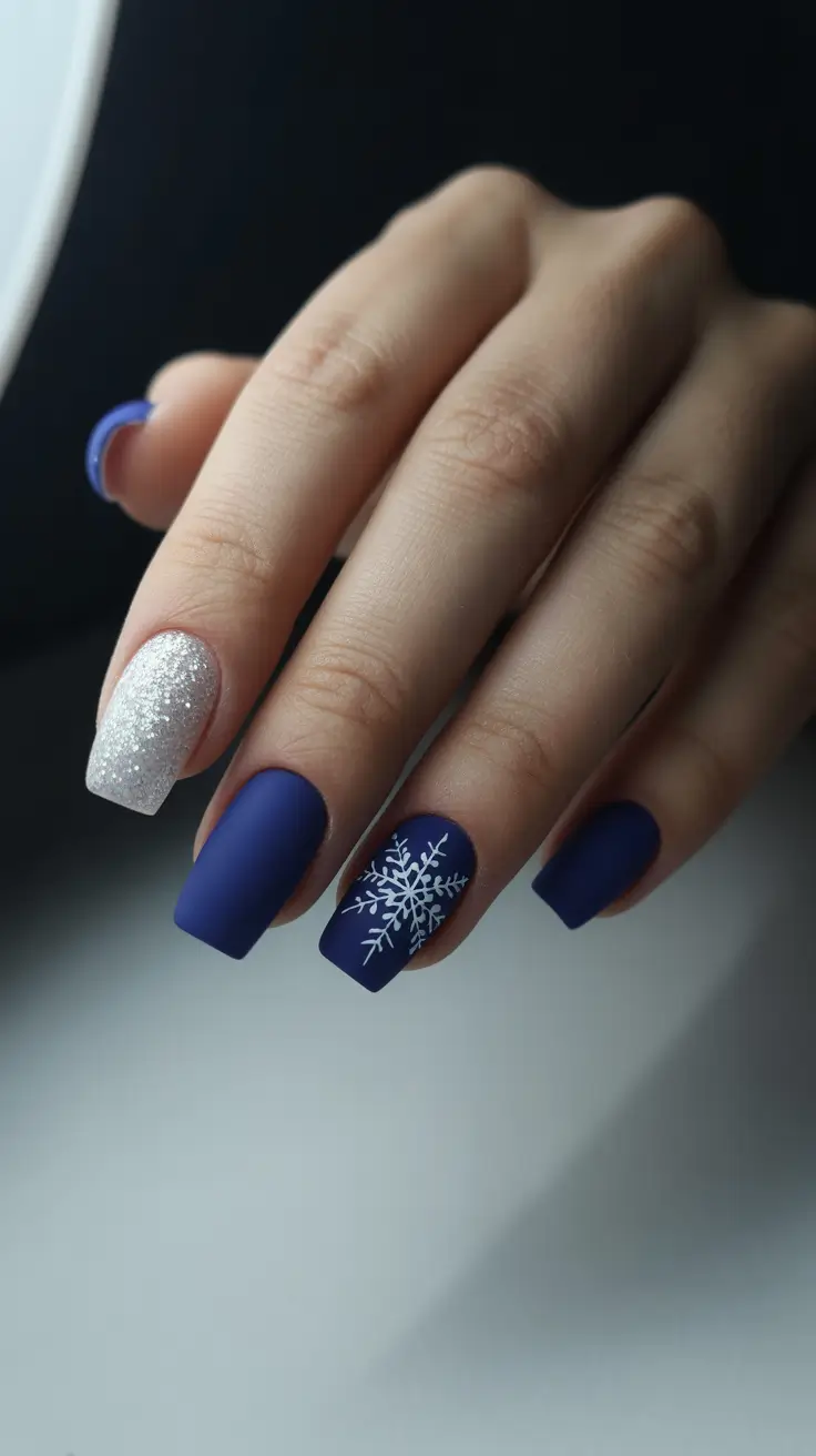 winter acrylic nails ideas - Velvet Navy Squares With Snow Accent