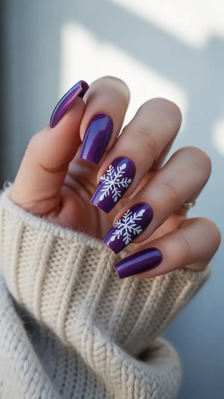 winter acrylic nails ideas - Plum Aurora Coffins