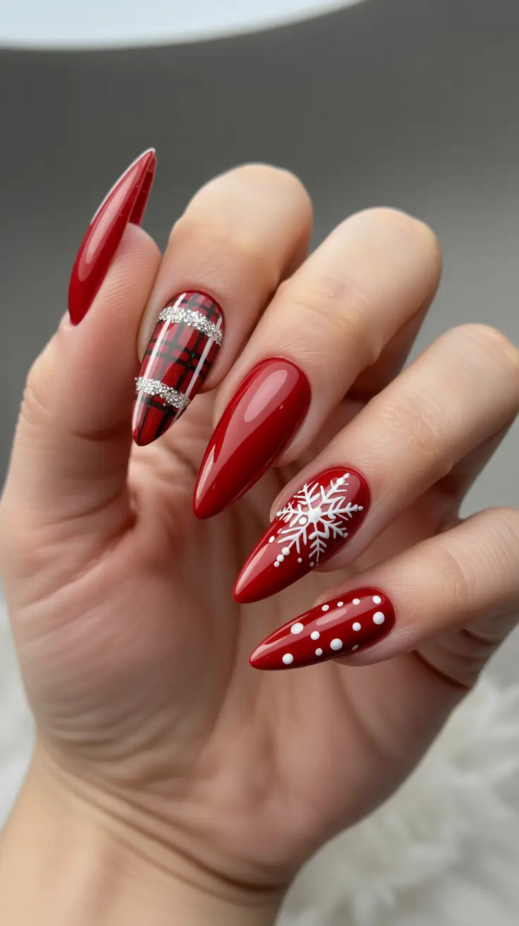 winter acrylic nails ideas - Crimson Plaid & Snowflake Almond