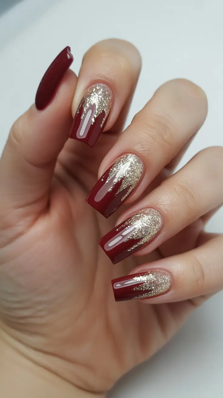 winter acrylic nails ideas - Garnet Glitter Drip Coffin