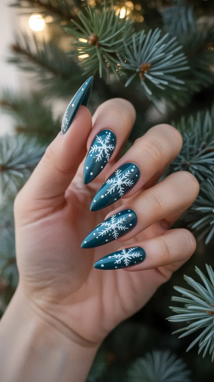 winter acrylic nails ideas - Evergreen Snowfall Almond