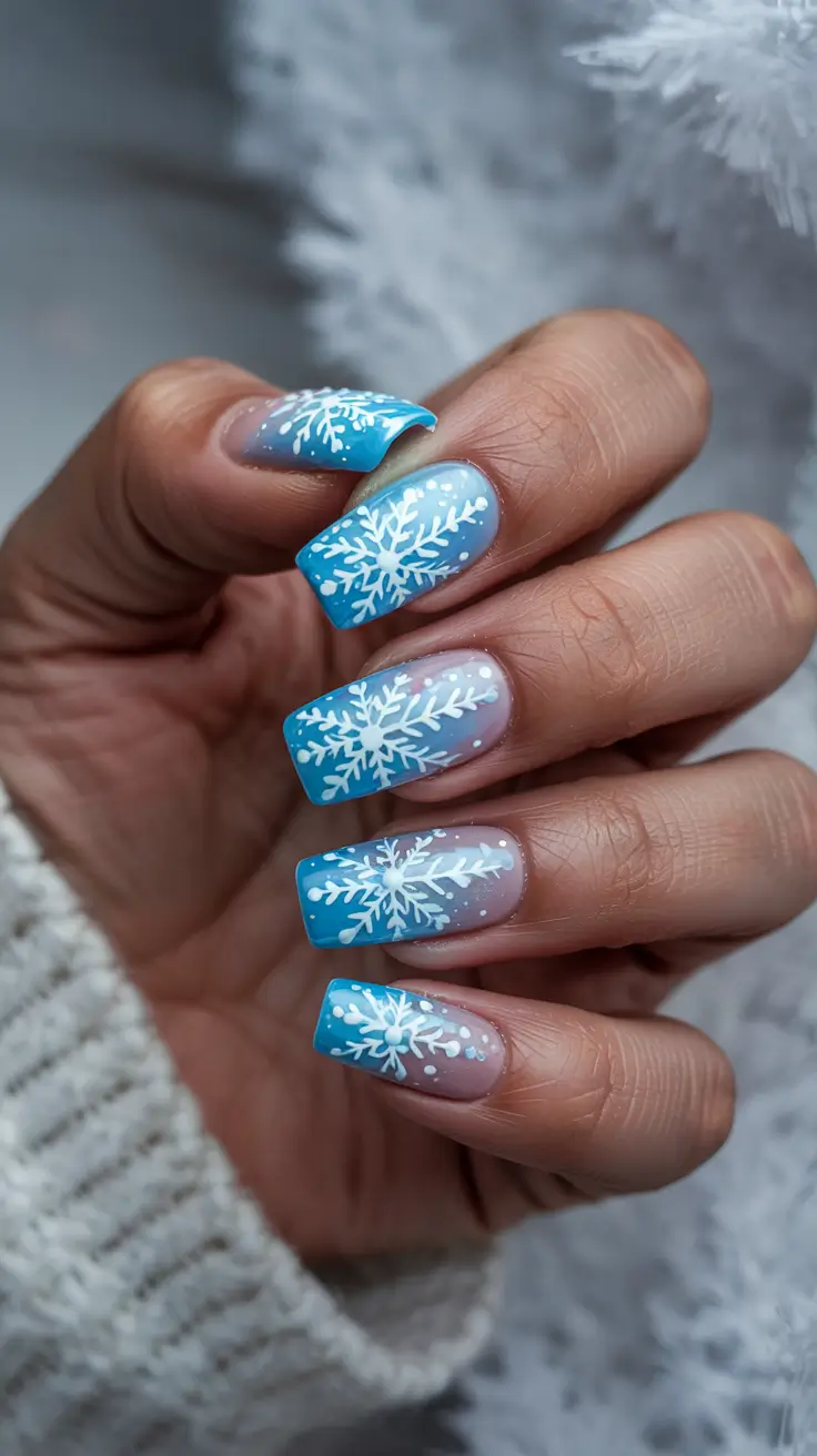 winter acrylic nails ideas - Frosty Blue Square French