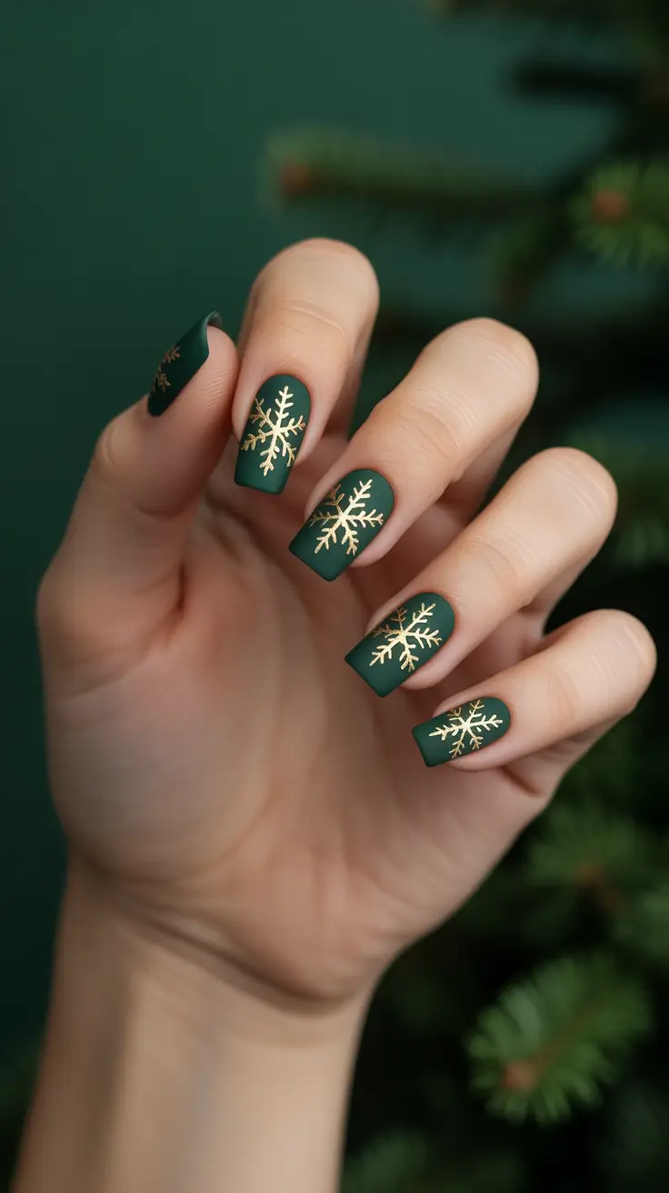 winter acrylic nails ideas - Matte Forest With Gilded Flakes