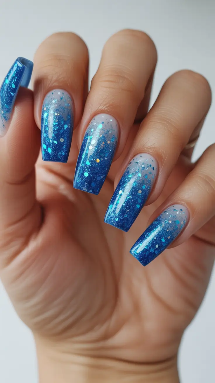 winter acrylic nails ideas - Blue Glitter Storm Coffin
