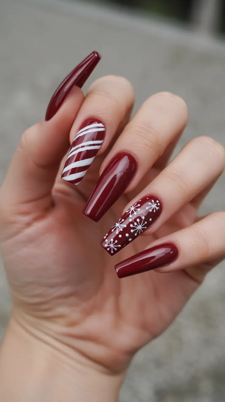 winter acrylic nails ideas - Mulled Wine Coffin With Candy Cane Accents