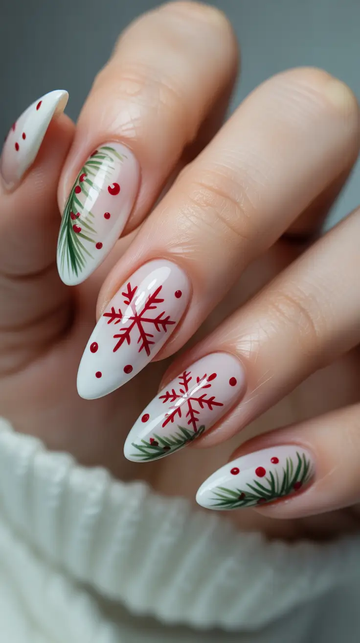 winter acrylic nails ideas - Snowberry Whites With Pine Detail