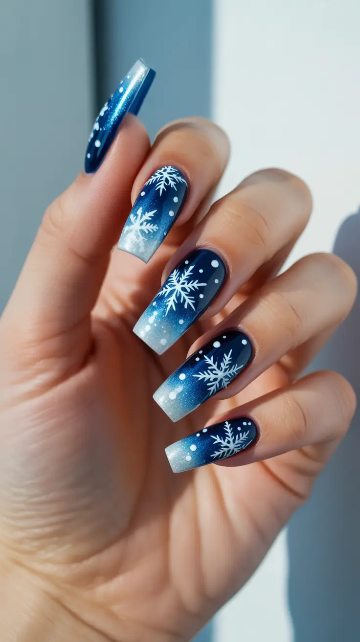 winter acrylic nails ideas - Midnight Snow Ombre Square