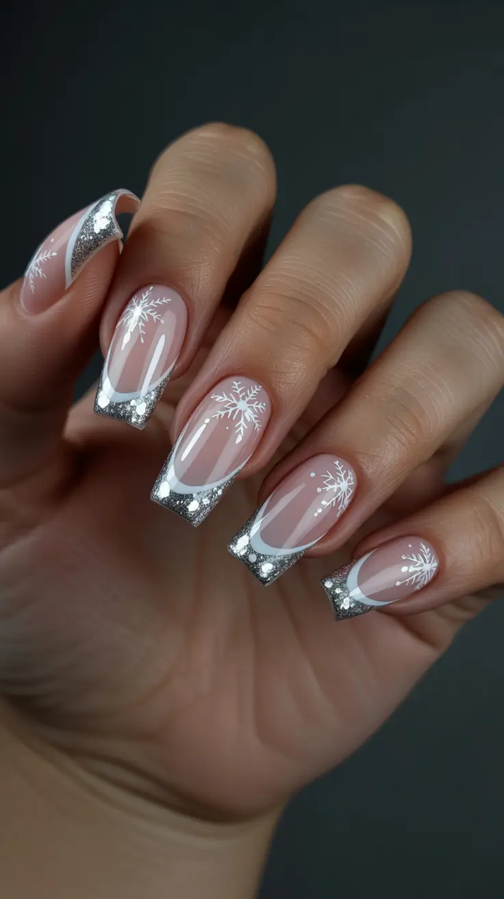 winter acrylic nails ideas - Frosted French With Crystal Snow