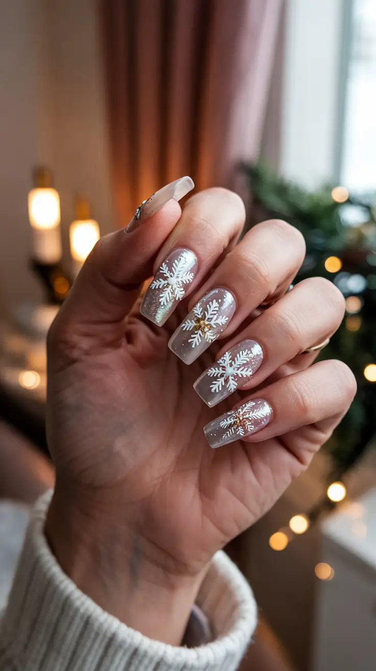 winter acrylic nails ideas - Champagne Glow Snowflakes