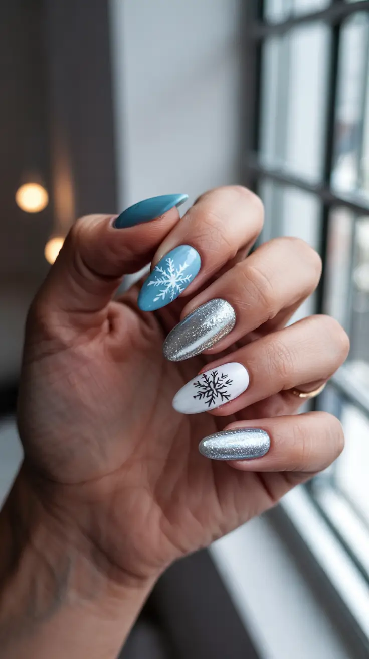 winter acrylic nails ideas - Nordic Blue Mix With Chrome Accents