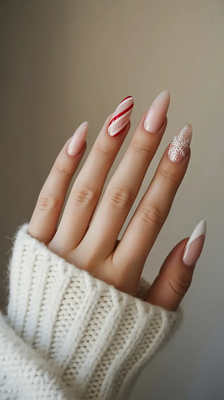 acrylic winter 2025 / 2026 nails design and color - Candy Cane Accent on Sheer Almond
