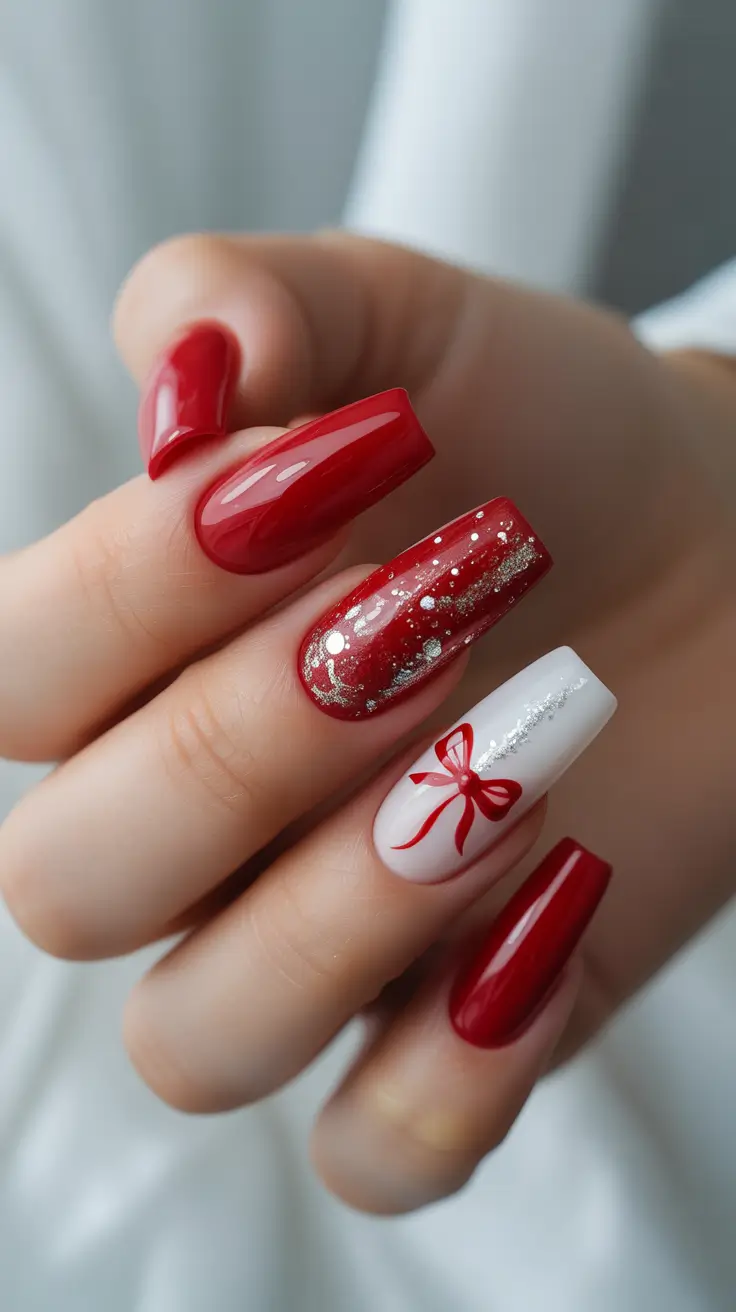 acrylic winter 2025 / 2026 nails design and color - Red & Ribbon Party Set