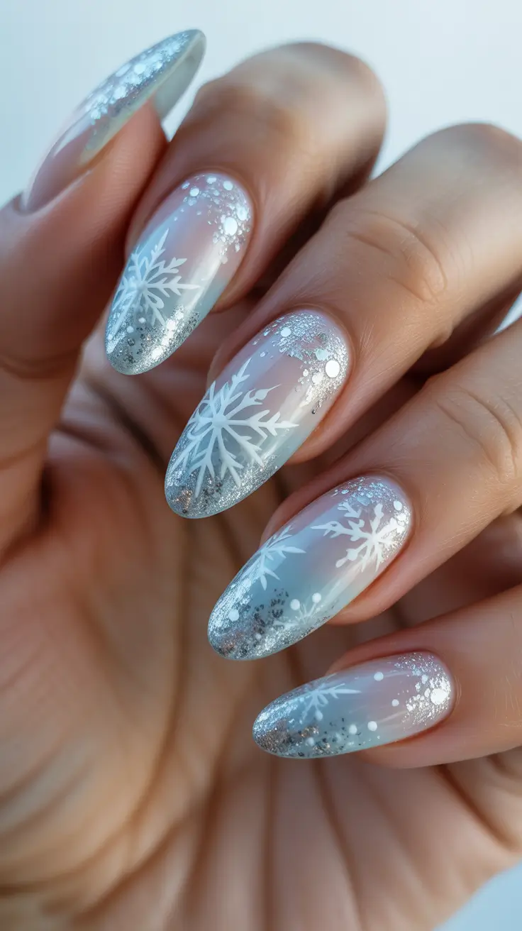 acrylic winter 2025 / 2026 nails design and color - Frost-Tipped Almond Snowflakes