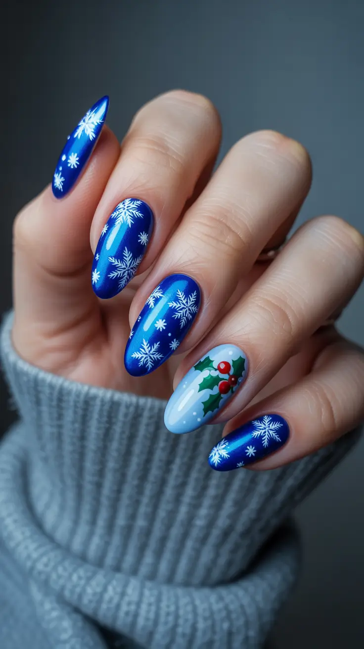 acrylic winter 2025 / 2026 nails design and color - Electric Blue With Holly Accent