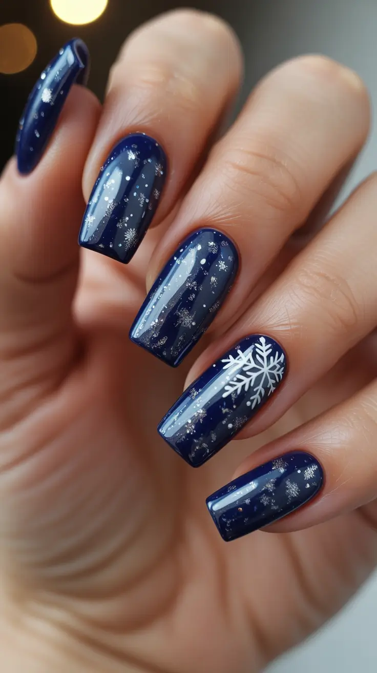 acrylic winter 2025 / 2026 nails design and color - Navy Nightfall With Silver Snow