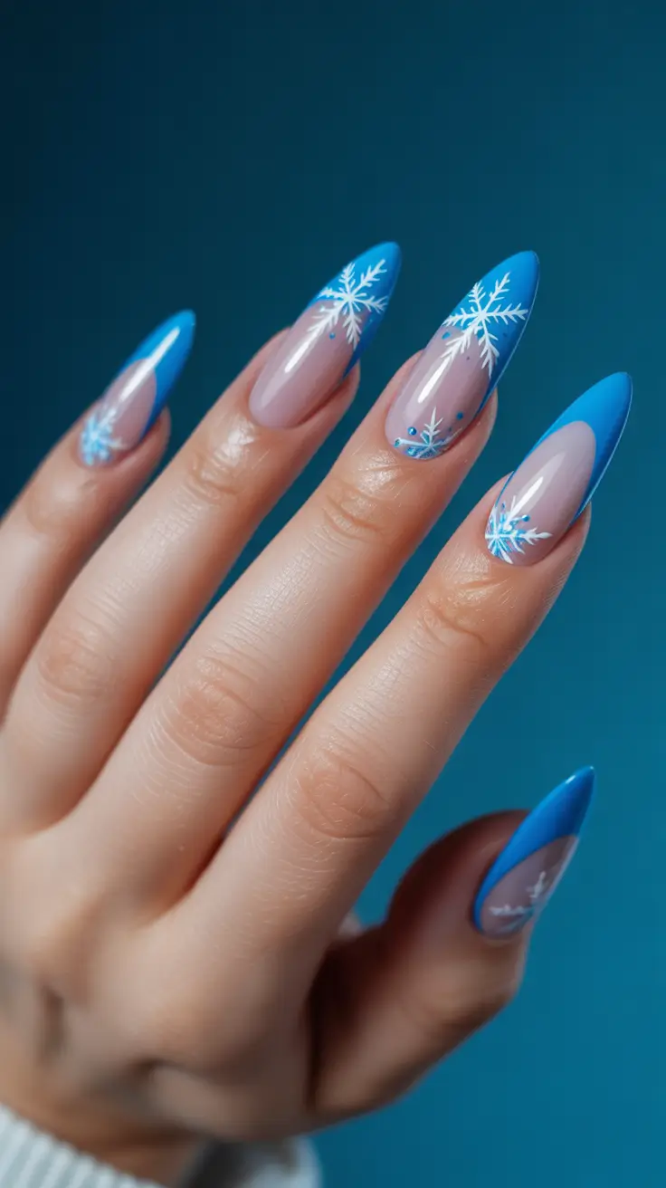 acrylic winter 2025 / 2026 nails design and color - Sky-Blue Frosted French Almond