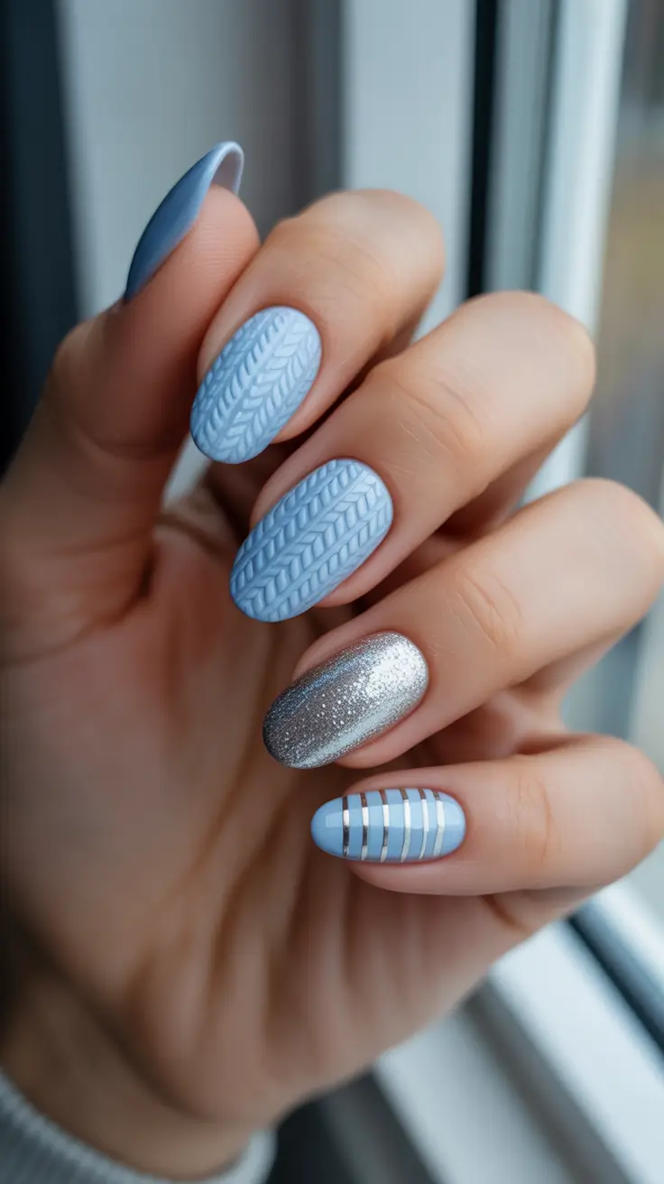 acrylic winter 2025 / 2026 nails design and color - Powder-Blue Knit With Silver Accents