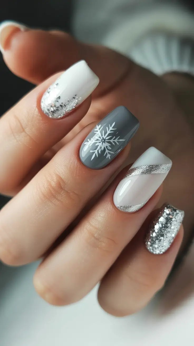 acrylic winter 2025 / 2026 nails design and color - Gray Snowdrift Mix With Silver Swoop