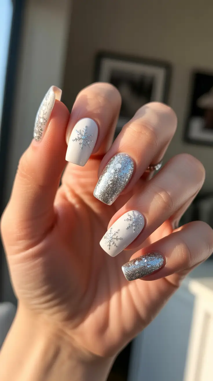 acrylic winter 2025 / 2026 nails design and color - Matte White With Sparkle and Crystal Snowflakes