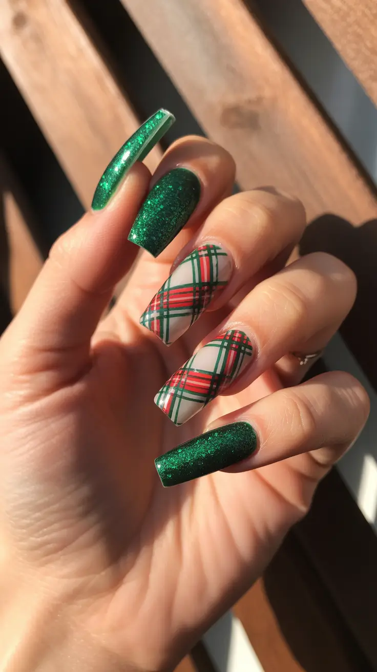 acrylic winter 2025 / 2026 nails design and color - Emerald Glitter With Tartan Plaid Layers