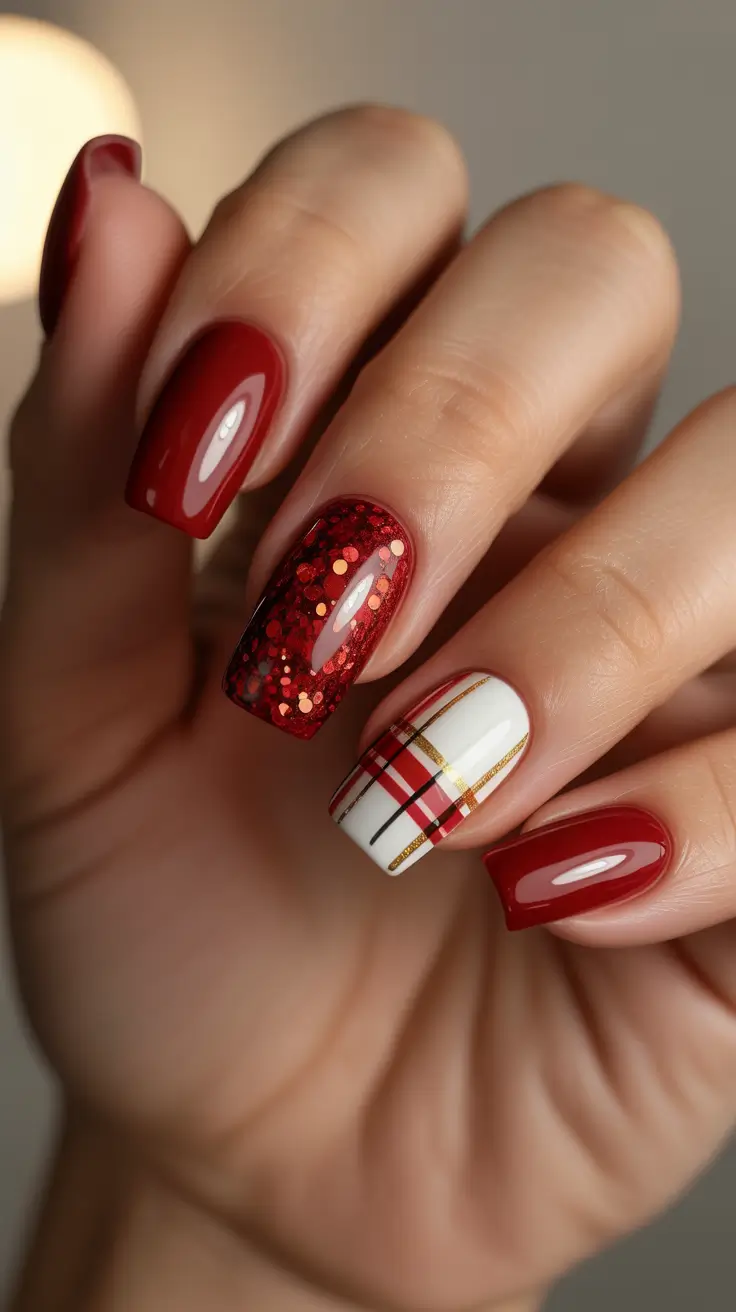 acrylic winter 2025 / 2026 nails design and color - Garnet Plaid With Party Glitter