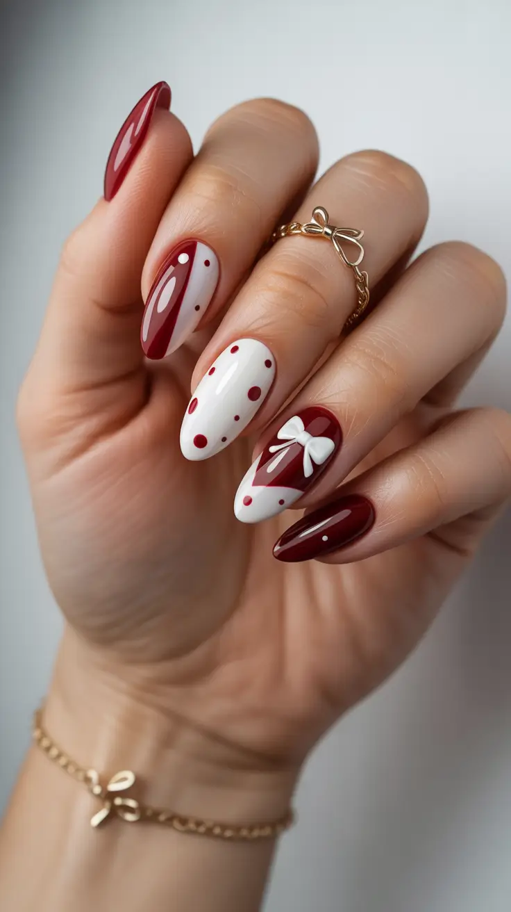 acrylic winter 2025 / 2026 nails design and color - Almond Ribbon Bow in Cherry and Cream