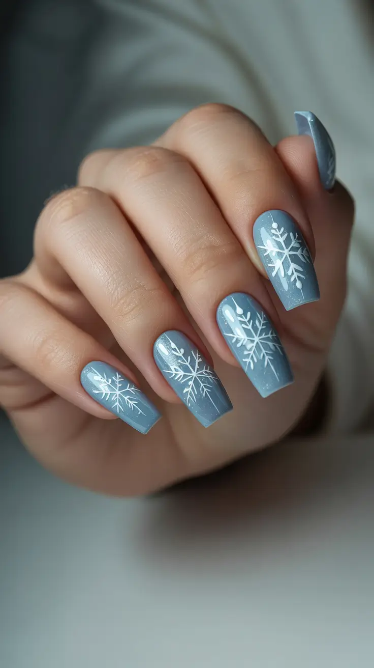 acrylic winter 2025 / 2026 nails design and color - Cloudy Blue Snowflake Linework