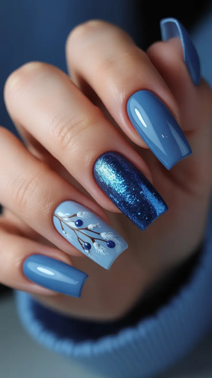acrylic winter 2025 / 2026 nails design and color - Midnight Sparkle With Frosted Branch Accents